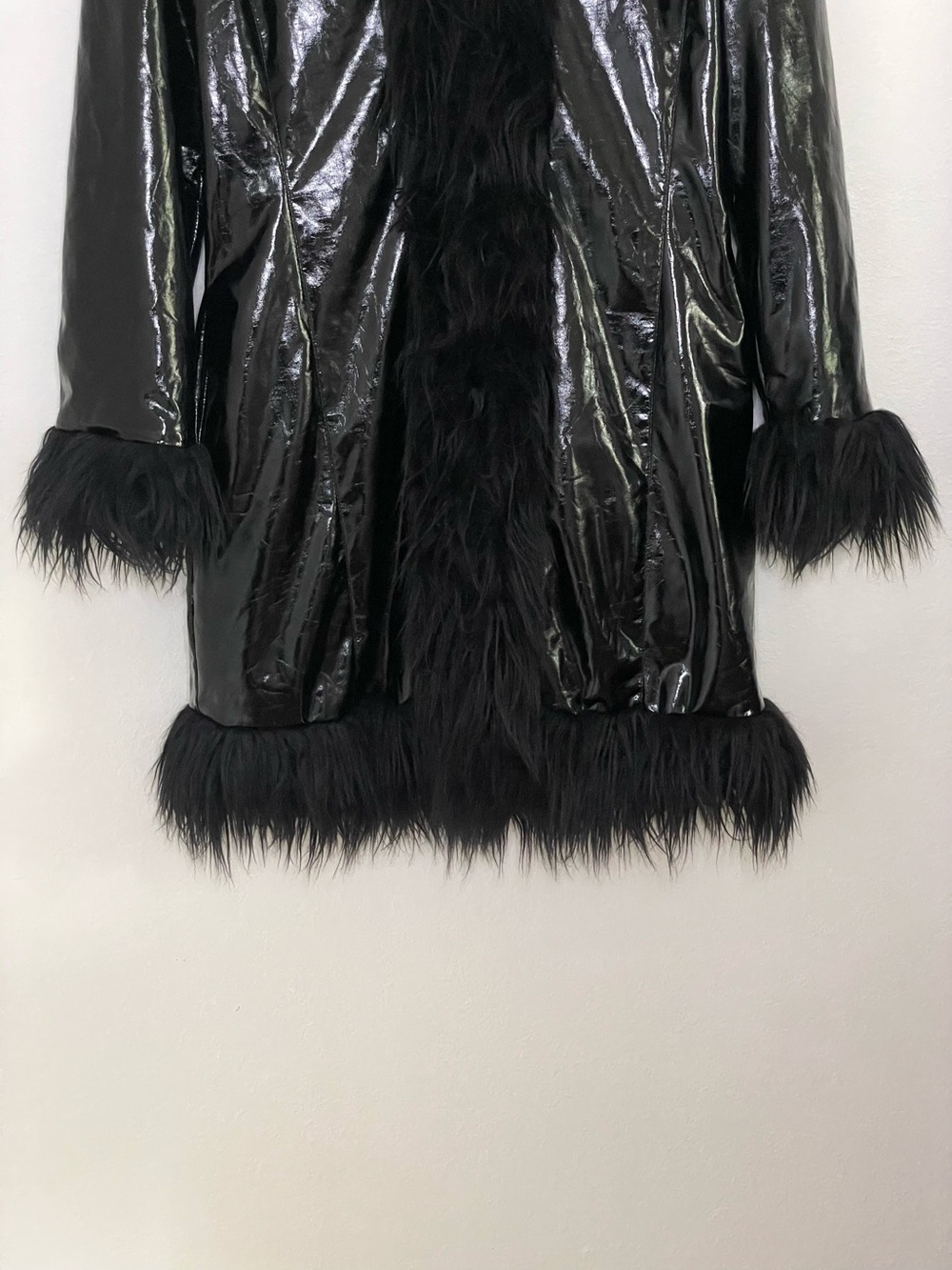 UNIF Imp Coat Glossy Vinyl Faux Fur Trim Hooded Jacket Black Medium Whimsigoth - Picture 7 of 16